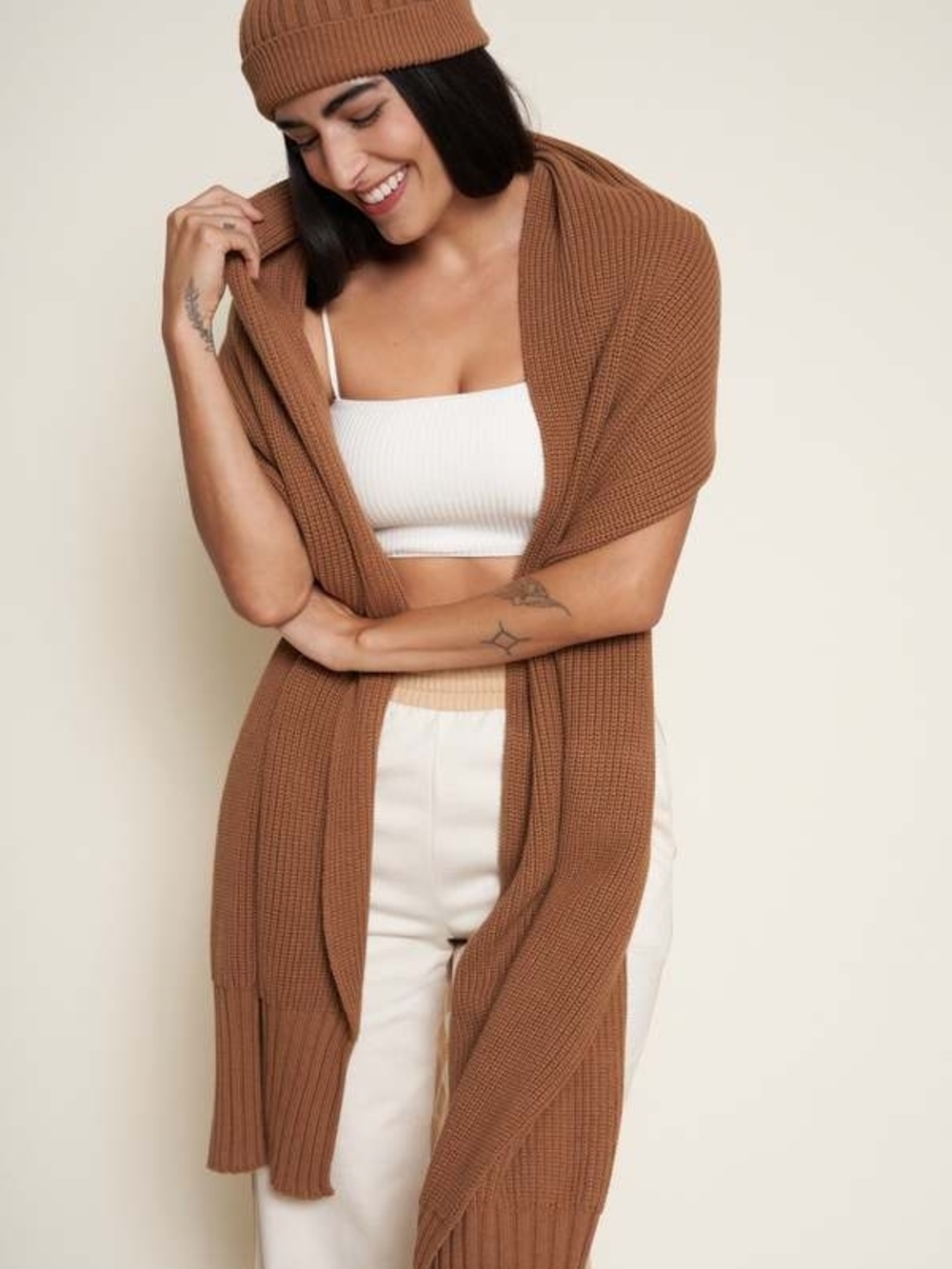 Whimsy + Row Waffle-Knit Wrap Scarf in Fox